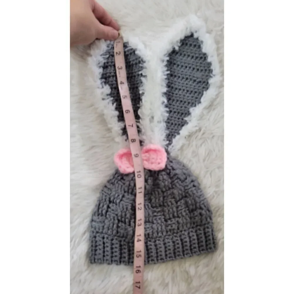 Bunny Hat Crochet Knit Handmade Gray Youth